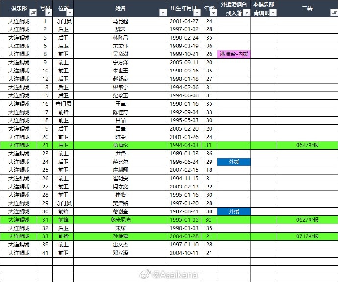 2025中甲联赛夏转后各队报名名单（绿色为夏转新报名球员） ​​