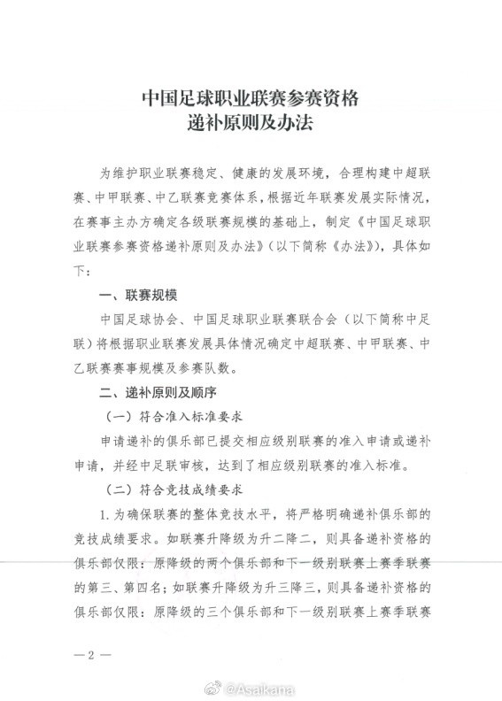 新修订《中国足球职业联赛参赛资格递补原则及办法》主要变化部分